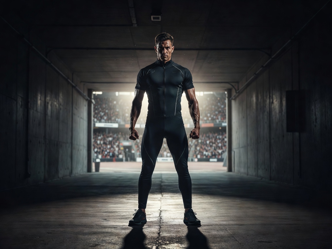 Athlete standing in a stadium tunnel before competition