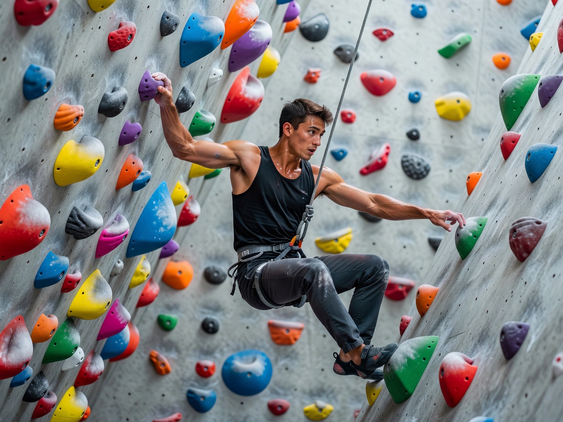 Climber deliberately practicing a difficult movement on a rock wall