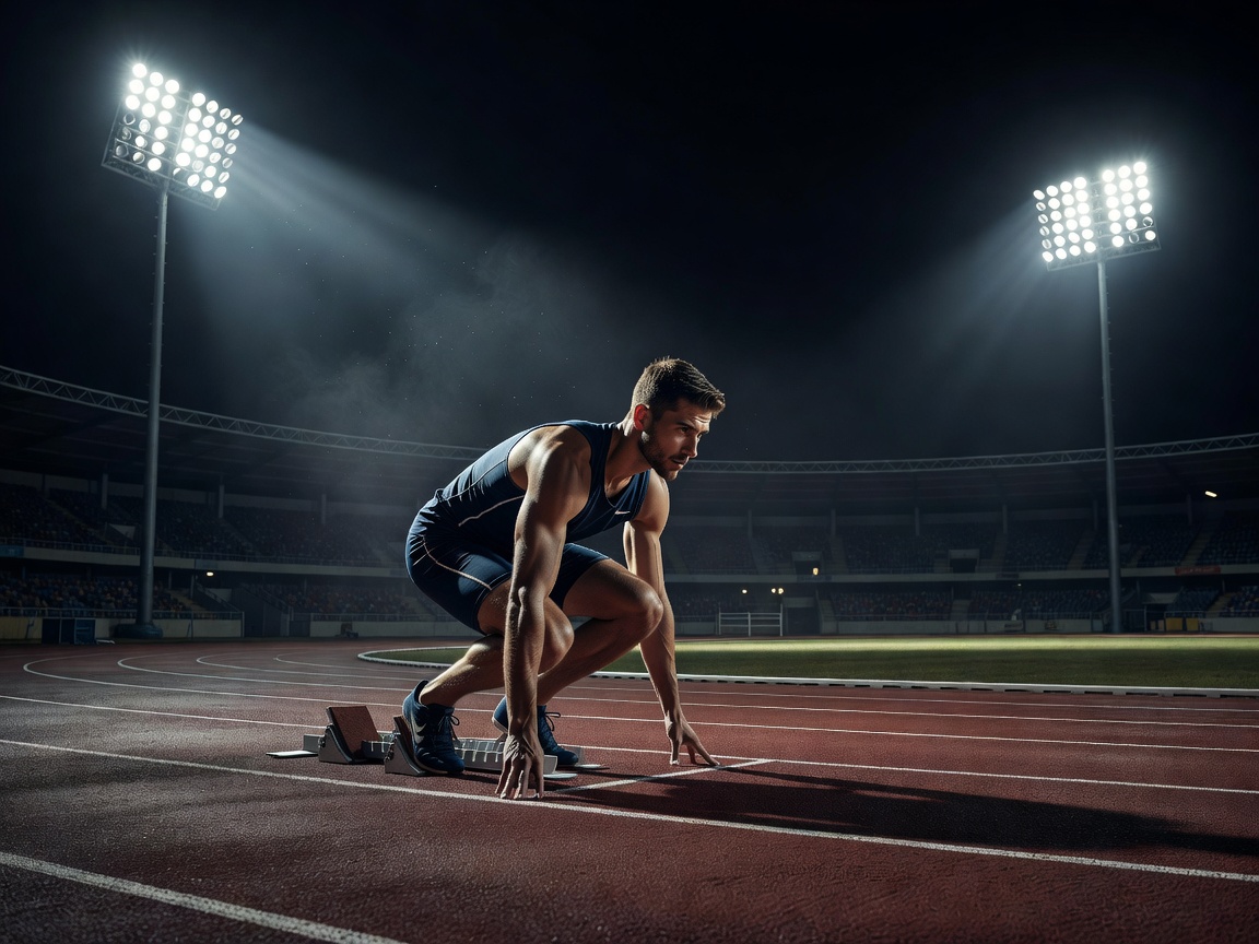 Competitive athlete waiting with composure beneath stadium lights