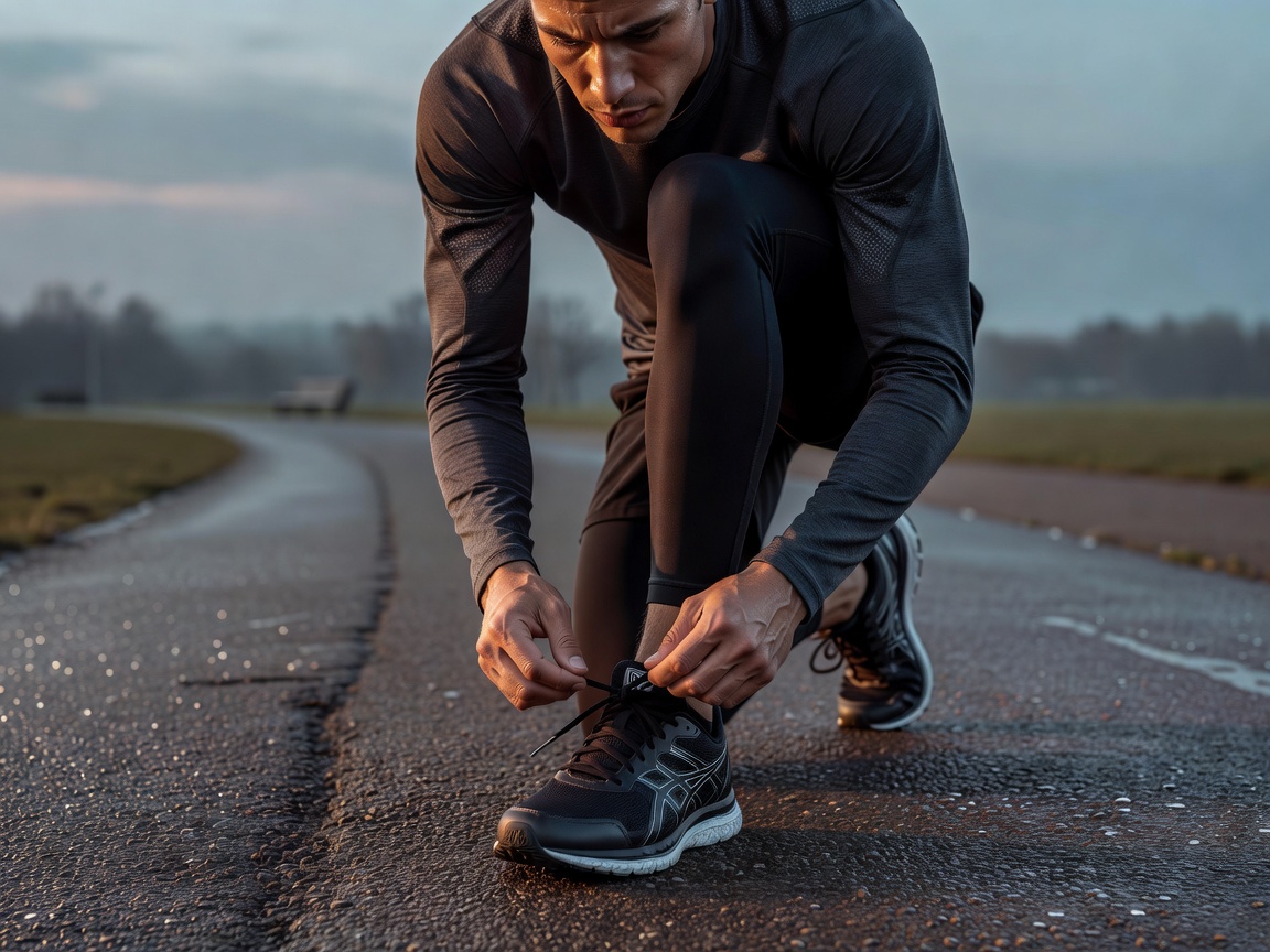 Focused runner tying shoes before an early training session