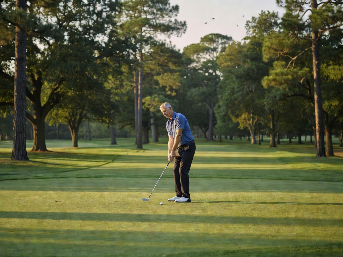 Golfer addressing a ball on a quiet green surrounded by trees