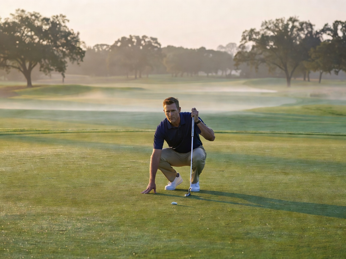 Golfer studying a green in quiet morning light