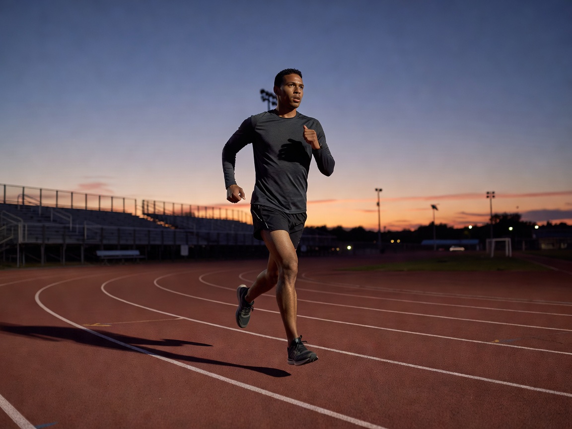 Runner training alone on an outdoor track at dusk