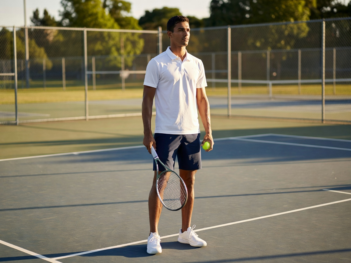 Tennis player preparing calmly on a sunlit court