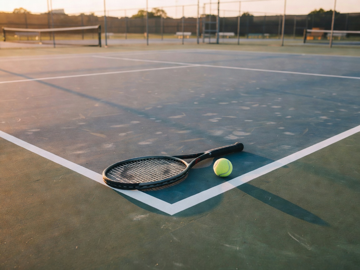 Tennis racket and ball beside the baseline of a quiet court